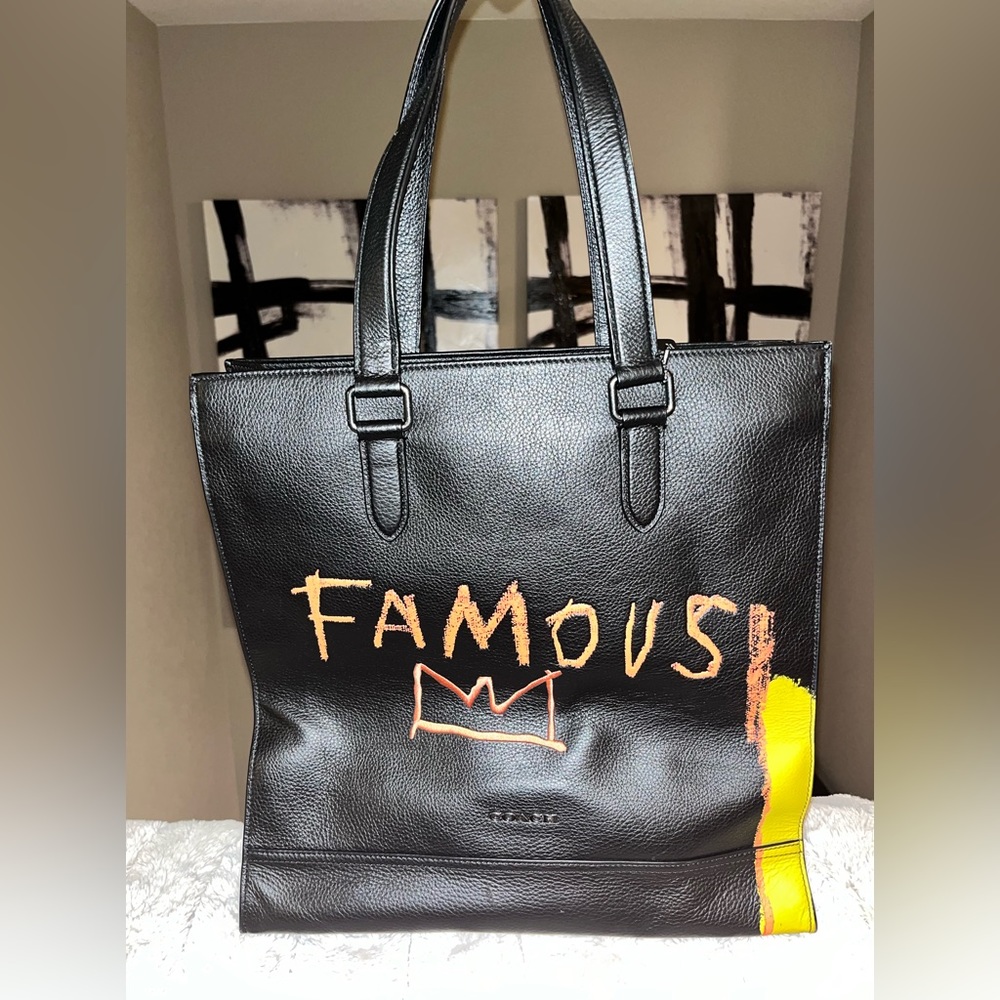 Coach Black Leather 'Famous' Graffiti Tote with Yellow Accent